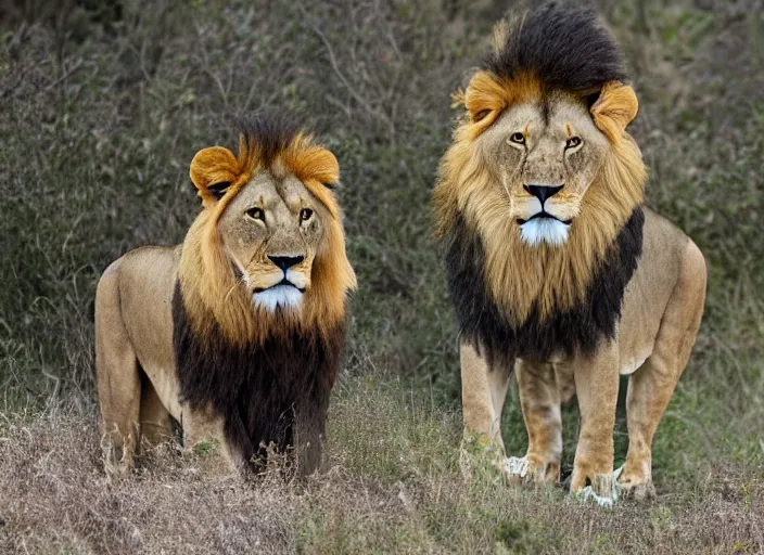 Image similar to a lion standing in front of a threatening bear