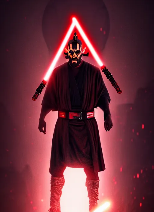 Image similar to Jesus Christ as Darth Maul the Sith, 8k octane beautifully detailed render, post-processing, extremely hyperdetailed, intricate, epic composition, grim yet sparkling atmosphere, cinematic lighting + masterpiece, trending on artstation