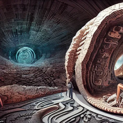 Prompt: a gigantic paleolothic torus made of stone with highly detailed carvings of intricate shamanic robotic electronics and circuitry, in a mediterranean lanscape, inside a valley overlooking the sea, in the style of syd mead