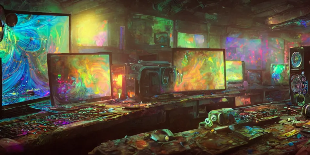 Prompt: A realistic painting of a vintage computer, with psychedelic mushroom art on the screen, in a post apocalyptic setting, unreal 5, DAZ, hyperrealistic, octane render, RPG portrait, dynamic lighting,