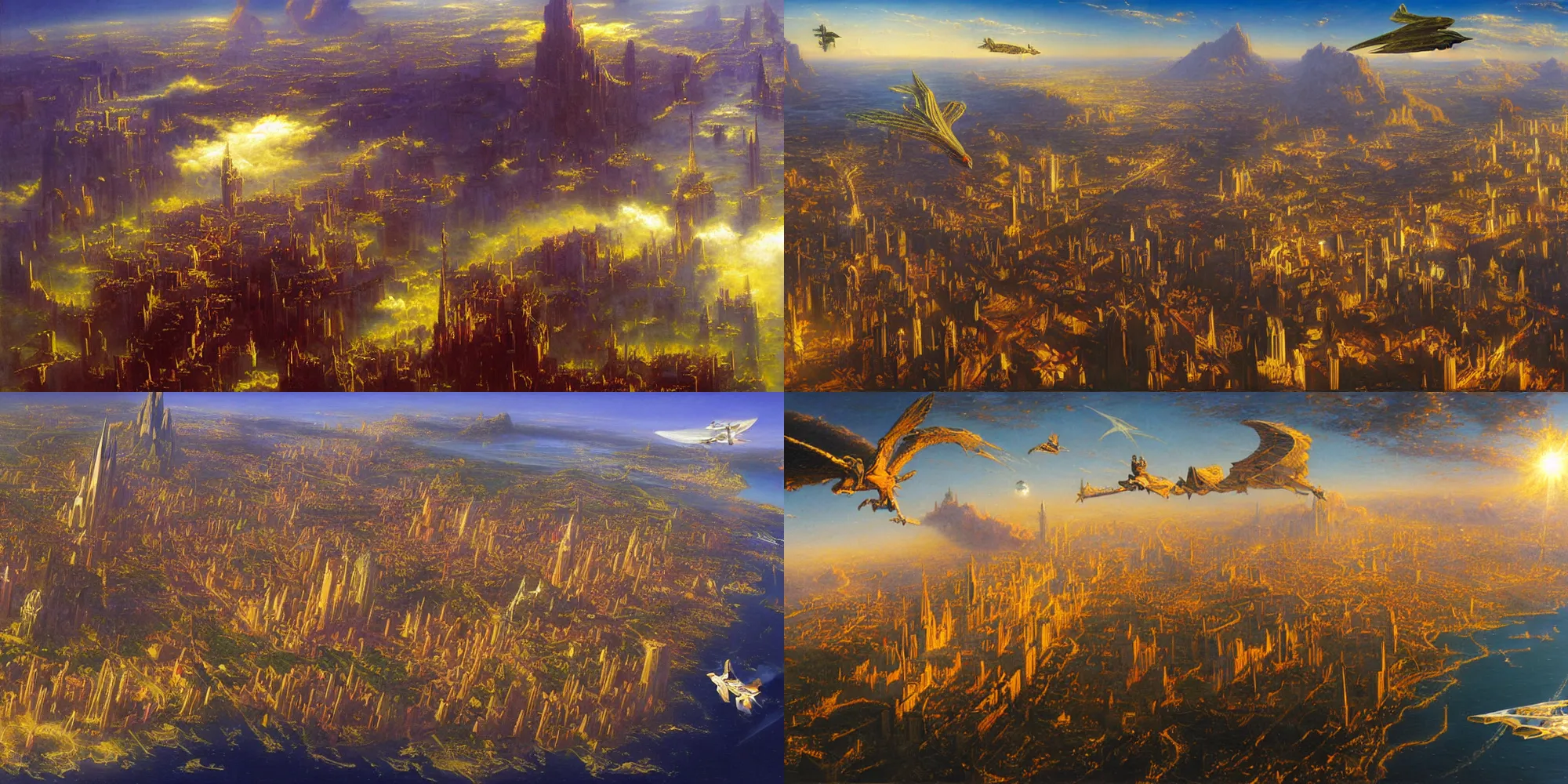 Prompt: Flying over the great city. Art by James C. Christensen, James Gurney, Andreas Rocha, Barclay Shaw, Thomas Cole, Antoine Blanchard, Gilbert Williams, Christophe Vacher.