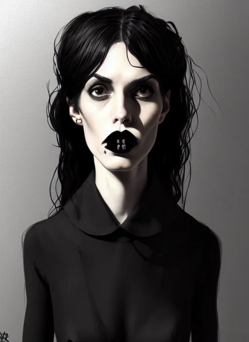 Image similar to portrait of a lanky woman with a crooked nose and a confident expression, 1 9 6 0 s, black clothes, goth, punk, funk, intricate, elegant, highly detailed, digital painting, artstation, concept art, smooth, sharp focus, illustration, art by wlop, mars ravelo and greg rutkowski