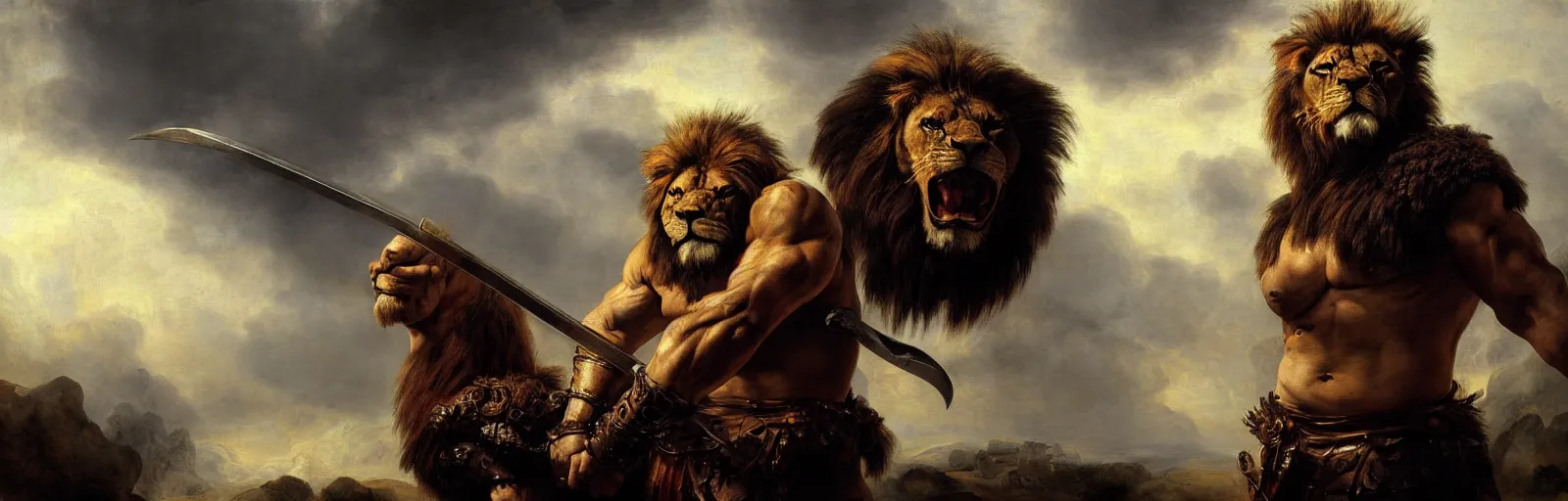 Prompt: oversized muscular lion as barbarian with eyepatch and chest armor and sword in epic pose and hard backlight from sunset , very textured detailed oil painting panoramic backlight portrait by rembrandt, backlight, dramatic clouds ,sun rays