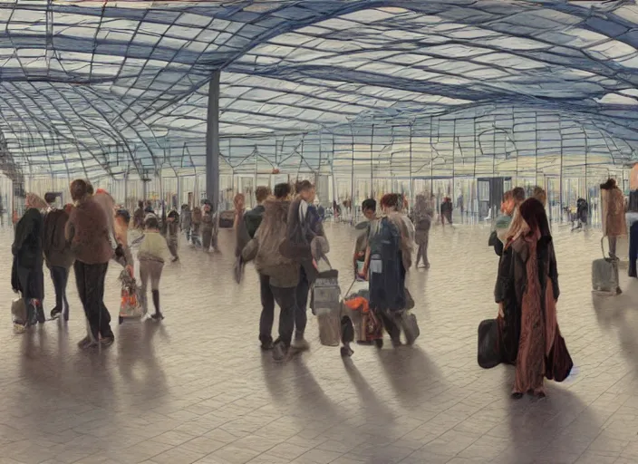 Image similar to people inside future airport, figures, in the style of matt murphy, enes dirig, jeremy enecio, intricate, miles johnston, monet, cynical realism, john william godward, painterly, yoshitaka amano, miles johnston, louise zhang, matt murphy, enes dirig, pekka halonen, finnish naturalism, realism