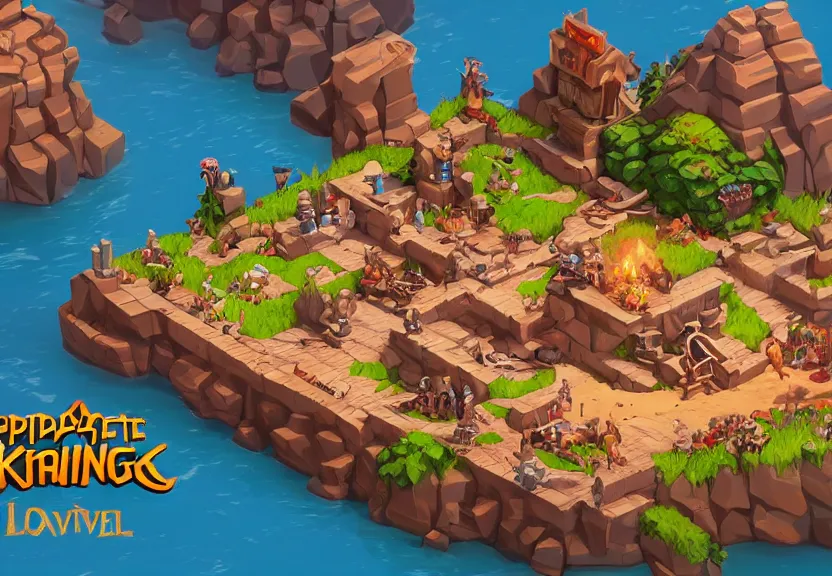 Prompt: isometric 3 d game level, based on pirate kings, with detailed, clean, cartoon, octane render, unreal engine, artgerm, artstation