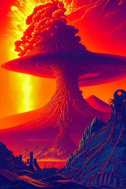 Image similar to artwork by kilian eng and dan mumford and toshi yoshida and franklin booth showing a futuristic powerstation!! in front of a ( ( exploding volcano ) ), vintage scifi, high details, dramatic lightning,, 8 k