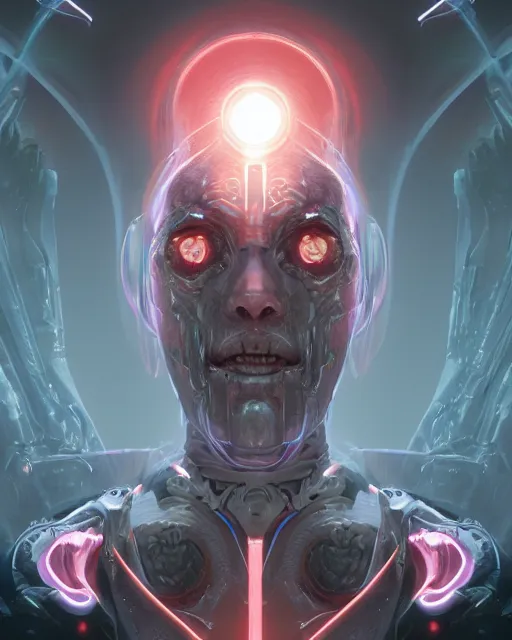 Prompt: benevolent android necromancer, aura of light, friendly, artificial intelligence, scifi, futuristic, highly detailed, trending on artstation, advanced technology, art by vitaly bulgarov and nivanh chanthara and lance wilkinson