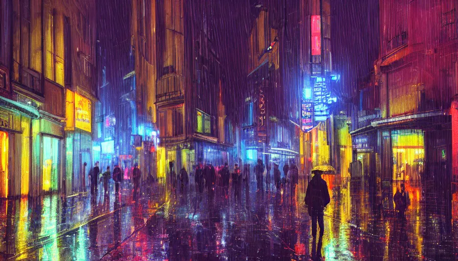 Image similar to guy walking under rain in brussels by night, neon lights, hyperdetailed, artstation, cgsociety, 8 k