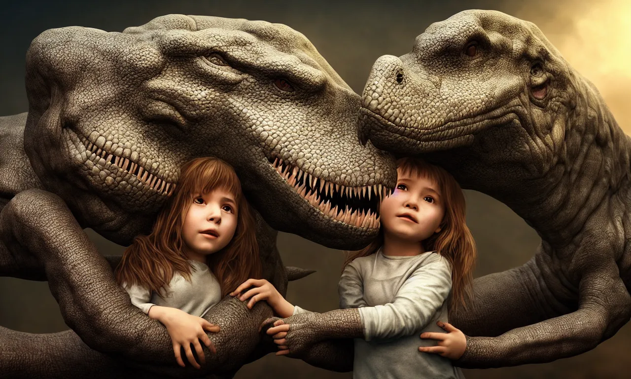 Prompt: portrait of a little girl cuddling with her beloved tyrannosaurus, very high detail, raytracing, back light, raymarching, by ilm, by digital domain, by weta digital