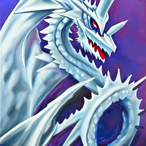 Image similar to Trending on artstation, Blue-Eyes White Dragon from Yu-Gi-Oh, in the style of Kazuki Takahashi, oil on canvas