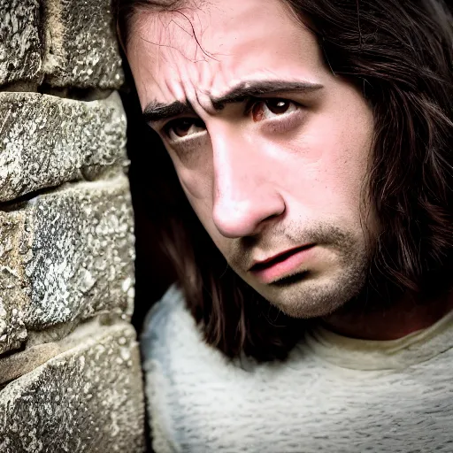 Image similar to Portrait of a terrified young man in 1930s disguise with long hair cornered against a stone wall. He is looking utterly panicked and distressed. 4K sigma 85mm