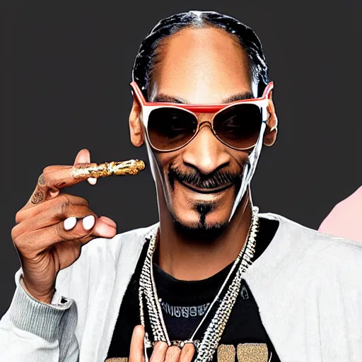 Image similar to Snoop Dog with big eyes eye color red , smiling and holding a joint in his hand