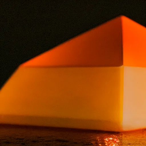 Image similar to a small glowing orange pyramid floating above an open palm, dark lighting