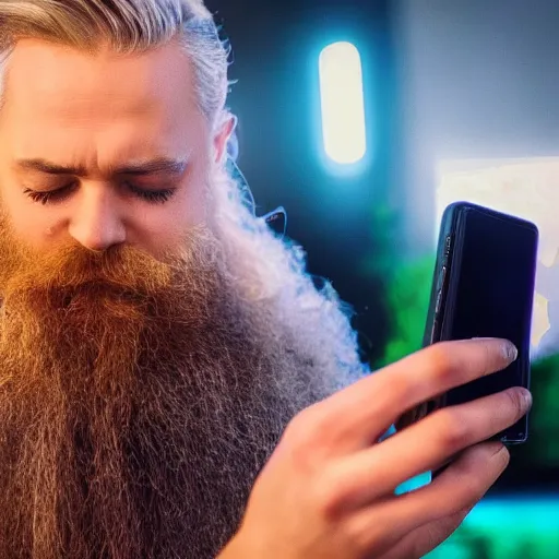 Prompt: Beautiful Photograph of an Almighty Odin Browsing TikTok on his smartphone