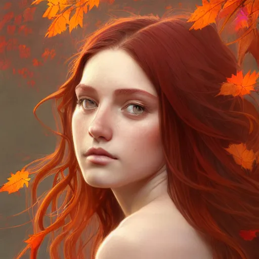 Image similar to girl with super long hair, hair becoming autumn red leaves, intricate, highly detailed, digital painting, artstation, concept art, smooth, sharp focus, illustration, unreal engine 5, 8 k, art by artgerm and greg rutkowski and alphonse mucha