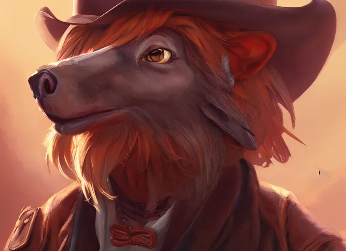 Prompt: character portrait feature of the anthro male anthropomorphic fursona wearing cowboy outfit wild west desperado character design stylized by charlie bowater, ross tran, artgerm, makoto shinkai, detailed, soft lighting, rendered in octane