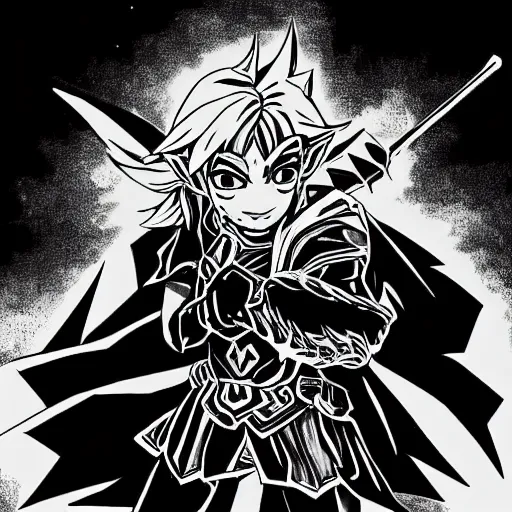 Prompt: fierce deity link fighting majora's mask in the style of kentaro miura, black and white