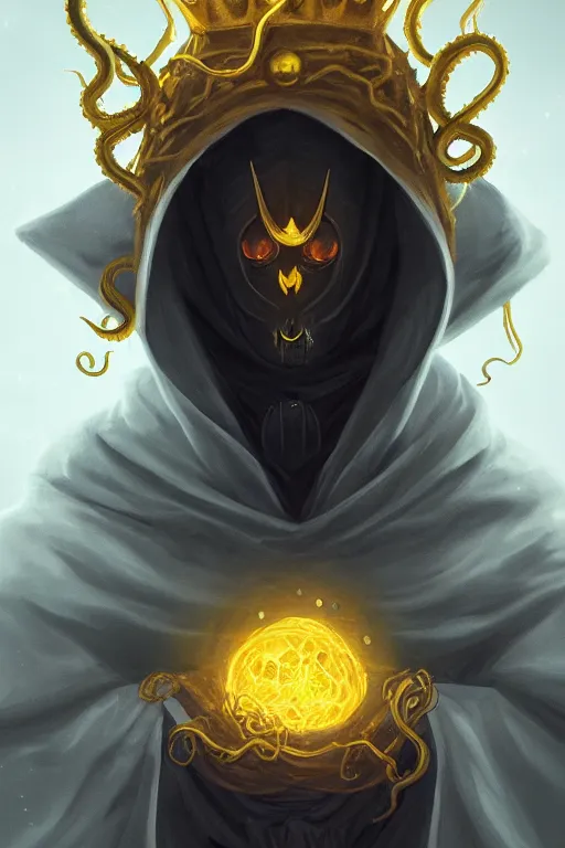 Prompt: A full body portrait of a mysterious character with no face with a very long hooded yellow cloak, a golden crown floating above his head tentacles coming out the ground art by Shaddy Safadi and Jason Chan, ominous, cosmic horror, trending on artstation, Ultra detailed, hyper realistic 4k