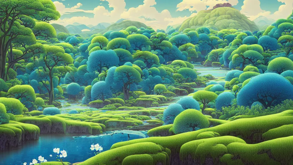 Image similar to digital painting of a lush river valley by gerald brom. blue river. spring day. chiho aoshima. digital render. detailed. beautiful landscape.