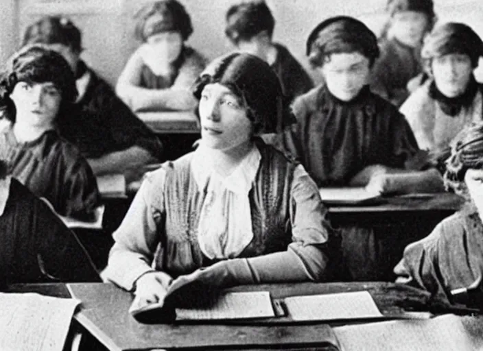 Prompt: A movie still of Lea Seydoux as school teacher in 1913 silent movie.