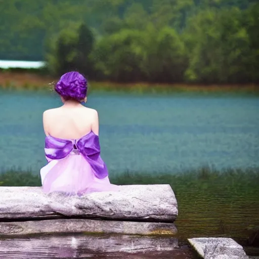 Image similar to elegant princess sitting by a lake, purple eyes, anime style, award winning art