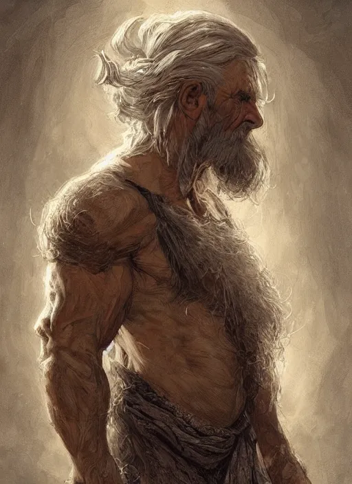 Prompt: portrait of a ruggedly old handsome cleric, soft hair, muscular body, half body, hairy, d & d, fantasy, intricate, elegant, highly detailed, digital painting, artstation, concept art, smooth, sharp focus, illustration, art by artgerm and greg rutkowski and alphonse mucha