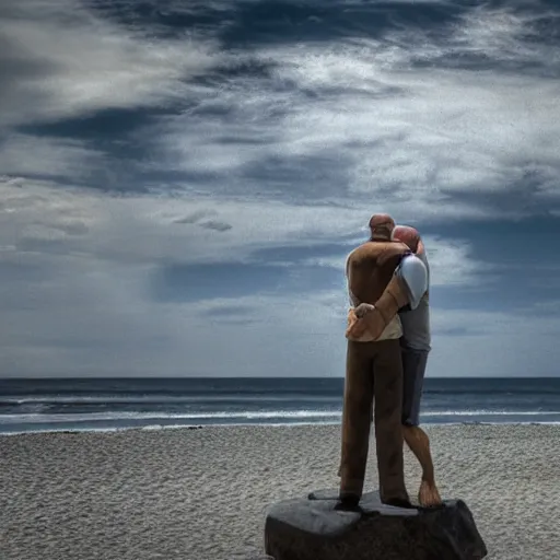 Prompt: Walter White hugging The Rock on the beach, artistic, 8k, cinematic