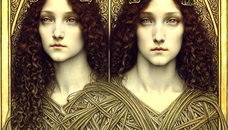 Image similar to detailed realistic beautiful young medieval queen face portrait by jean delville, gustave dore and marco mazzoni, art nouveau, symbolist, visionary, gothic, pre - raphaelite. horizontal symmetry