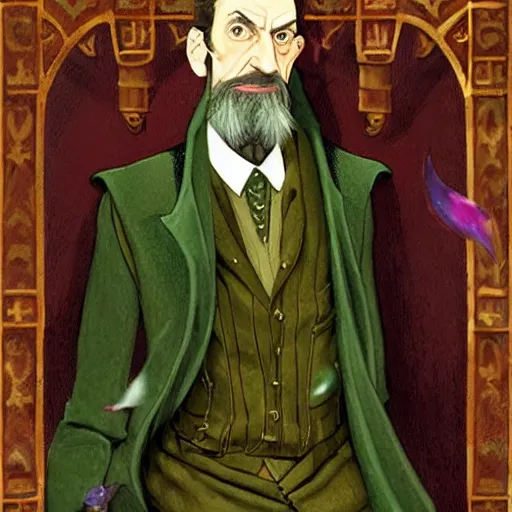 Image similar to Lord Havelock Vetinari as a shady, machiavellian, slytherin headmaster of Hogwarts, School of Witchcraft and Wizardry, detailed, hyperrealistic, colorful, cinematic lighting, digital art by Paul Kidby