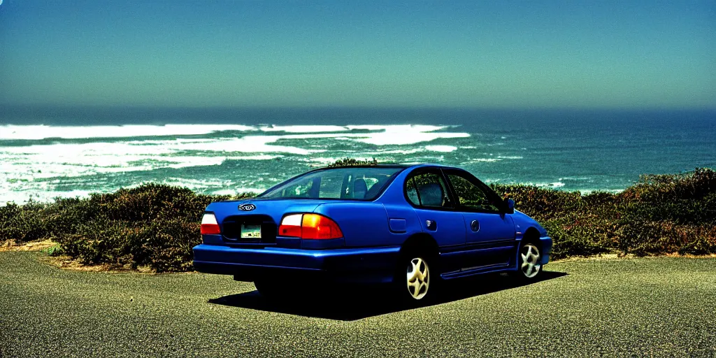 Image similar to photograph, 1999 Subaru GC8, cinematic, california coast, ocean view, 8k, depth of field, bokeh.