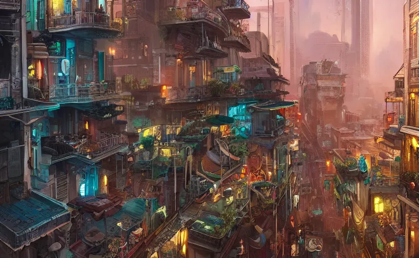 Image similar to a beautiful digital matte painting of futuristic cyberpunk french quarter, new orleans, by eddie mendoza and david lozeau and franklin booth and laurie greasley, detailed, artstation, plants on balconies, musicians, 8 k