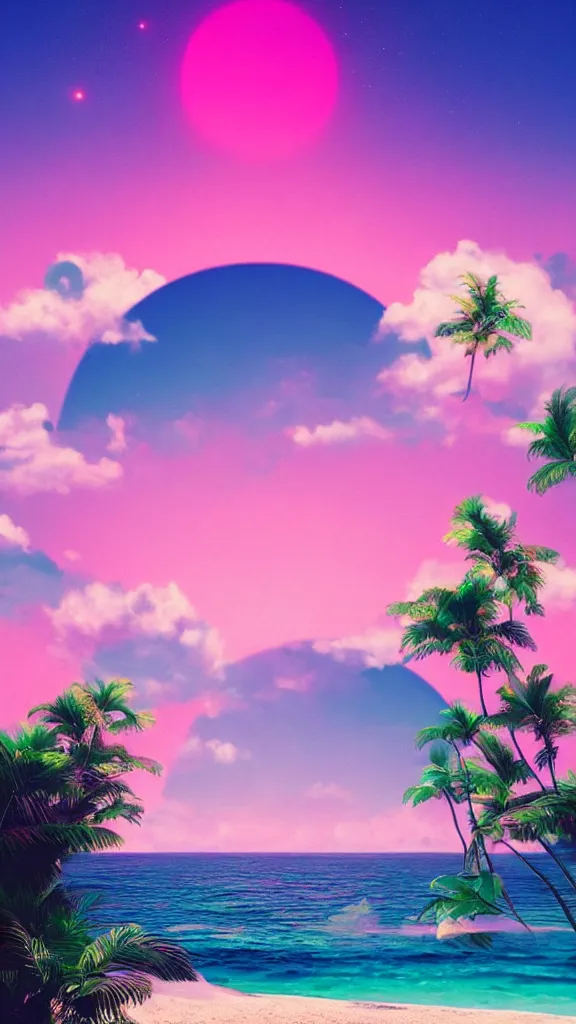 Prompt: beautiful beach horizon view of the tropical pink ocean on an alien planet, pink vaporwave ocean, clear sky, planet in space over the horizon, trending on artstation, digital art by beeple