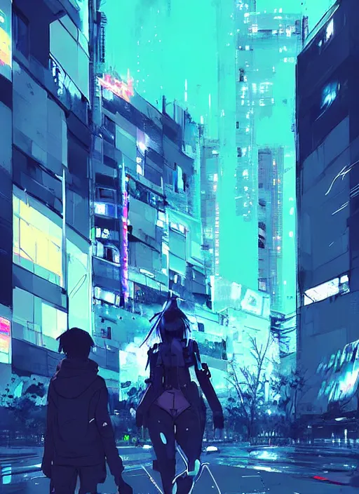 Image similar to cyber art, mutants rampaging in shinjuku street, blue starship in the background, art by ismail inceoglu