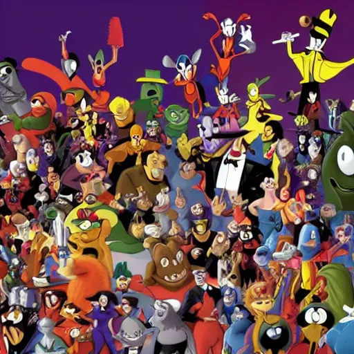 Image similar to Orchestra pit of various Looney Tunes characters playing a concert for a crowd of Marvel villains, realistic, photorealistic, 4k