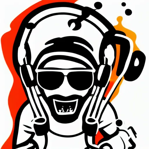 Image similar to svg vector sticker of absolutely insane-mad-scientist-villain, rocking out, wearing headphones, huge speakers, dancing, rave, DJ, spinning records, digital art, amazing composition, rule-of-thirds, award-winning, trending on artstation, featured on deviantart