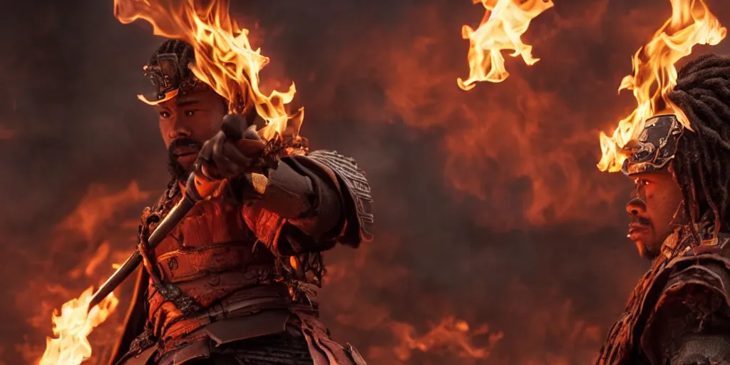 Image similar to a film still of a black man starring in a japanese blockbuster film as ancient evil samurai with fire powers, shallow depth of field, cinematic, award winning cgi, vfx, film still