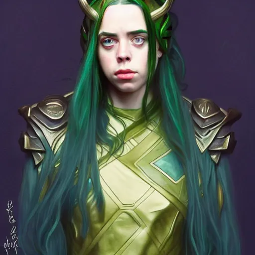 Image similar to Billie Eilish as Female Loki, very detailed, digital art, trending on artstation, concept art, smooth, illustration, art by artgerm and greg rutkowski and alphonse mucha and J. C. Leyendecker and Edmund Blair Leighton and Katsuhiro Otomo and Geof Darrow and Phil hale and Ashley wood