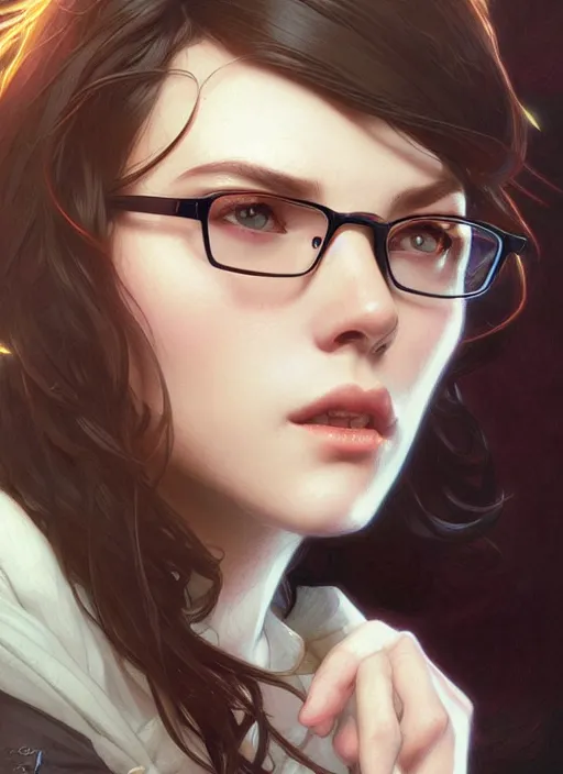 Prompt: uwu, highly detailed, geek, glasses, brunette, digital painting, artstation, concept art, smooth, sharp focus, illustration, art by artgerm and greg rutkowski and alphonse mucha