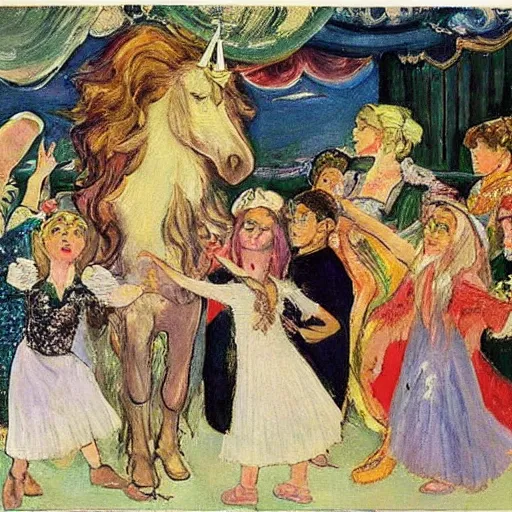 Image similar to by valentin serov atmospheric. a collage of a pantomime unicorn onstage, surrounded by a group of children who are clapping & cheering. the unicorn is wearing a sparkly costume & has a long, flowing mane. its horn is glittering & its eyes are wide open.