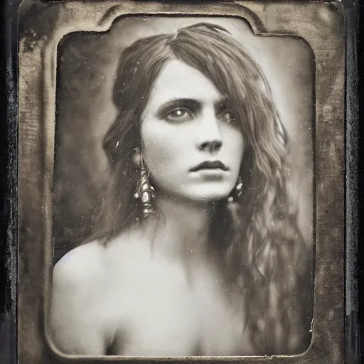 Prompt: old wetplate daguerreotype portrait of a beautiful woman, 3 0 years old, fractal, intricate, elegant, highly detailed, parallax, leica, subsurface scattering, by luis royo and greg rutkowski