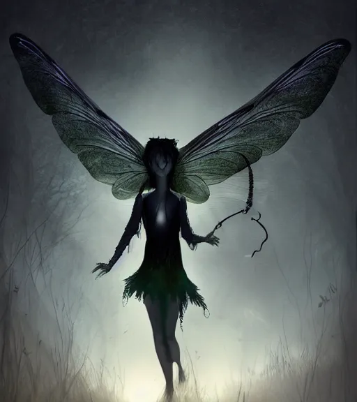 Image similar to gothic fairy with dragonfly wings, digital painting, liminal eerie midnight backlit, a picture taken by Michael Komarck and Daniel Ljunggren