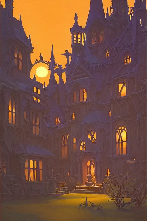 Image similar to witch's workshop lit up at twilight, by Sylvain Sarrailh and Nicholas Roerich and jean delville and Tyler Edlin and William Dyce, dramatic cinematic lighting , beautiful garden, ornate carved architecture, smooth, sharp focus, extremely detailed