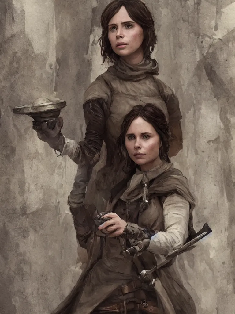 Image similar to portrait of jyn erso as a beautiful medieval wench in a stone courtyard holding a modern telephone, low cut, confident pose, coherent, insane detail, concept art, character concept, cinematic lighting, global illumination radiating a glowing aura