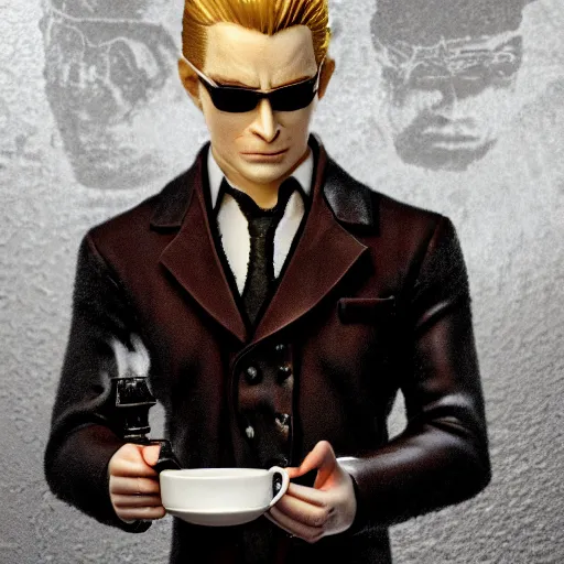 Image similar to albert wesker holding a small steaming china cup of tea, romanticism style, detailed facial proportions