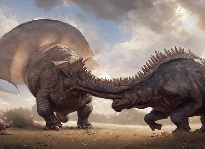 Image similar to a cute little girl with wavy curly brown hair meets a triceratops. beautiful painting by greg rutkowski