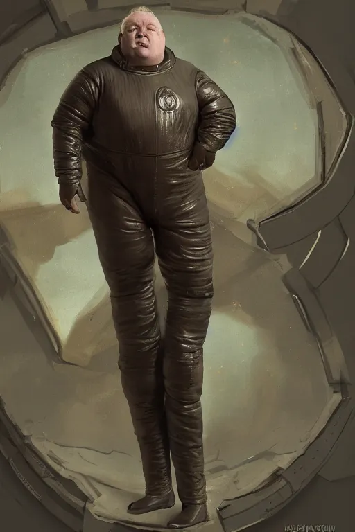 Image similar to joe egan as baron harkonnen wearing a leather spacesuit and floating in the air by normal rockwell, artstation concept character art