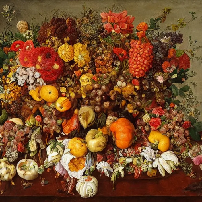 Image similar to thanksgiving supper, flowers and fruit on a wooden table, a still life by giuseppe arcimboldo, vanitas, pinterest, maximalist, intricate high detail masterpiece