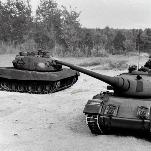 Prompt: Photo of a tank duel between a T34 and King Tiger