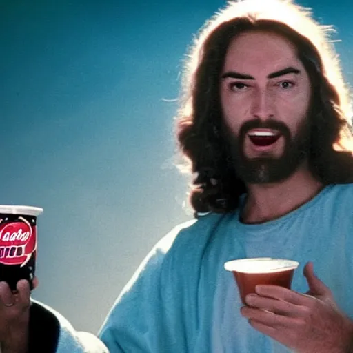 Prompt: jesus christ in a 1 9 9 0 s mountain dew commercial, movie still