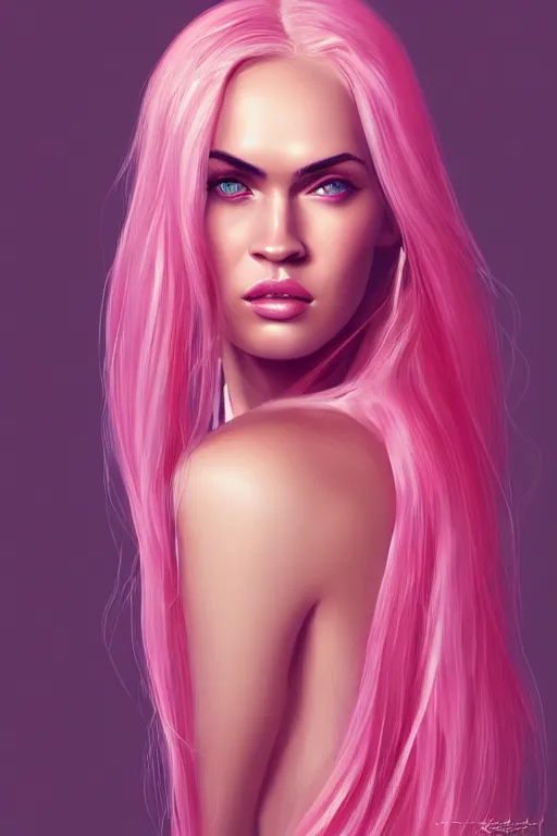 Prompt: Portrait of a beautiful pale skin Nordic female megan fox with long pink hair, elegant, photorealistic, highly detailed, artstation, smooth, sharp focus, gold ornaments, neon lighting, sci-fi, art by Klimt